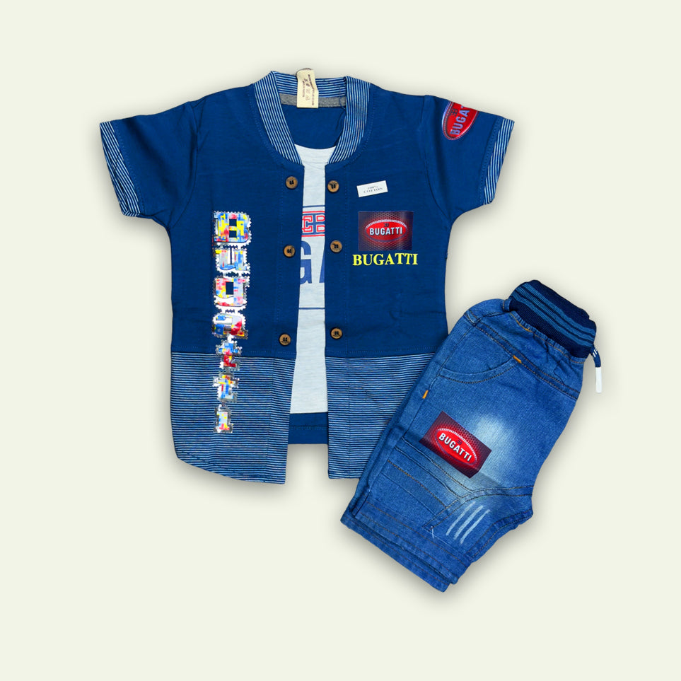 Boys Fancy Bugatti Shirt & T-Shirt Set with Denim Shorts Red & Blue.