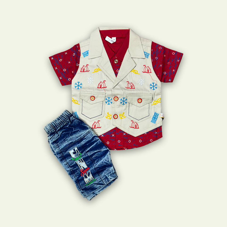 Boys Fancy 3pc Top coat style shirt with Denim Short
