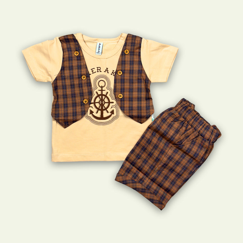 Boys Baba 3Pc Suit Maroon & Brown Color