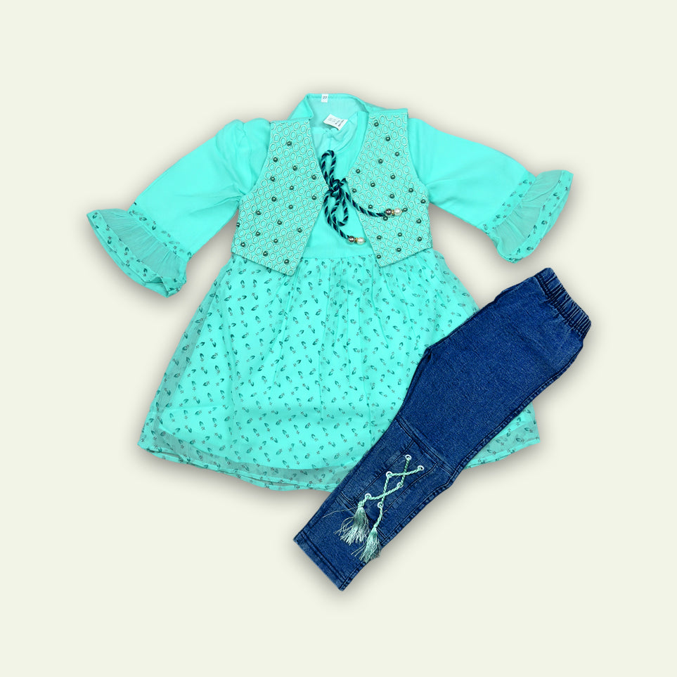 Girls 3pc Coat Style Fancy Frock with Jeans Pants Yellow & Blue