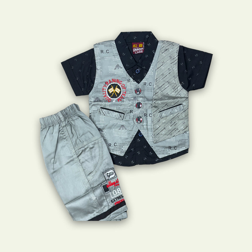 Boys Fancy 3pc Printed Shirt with Embroided Short