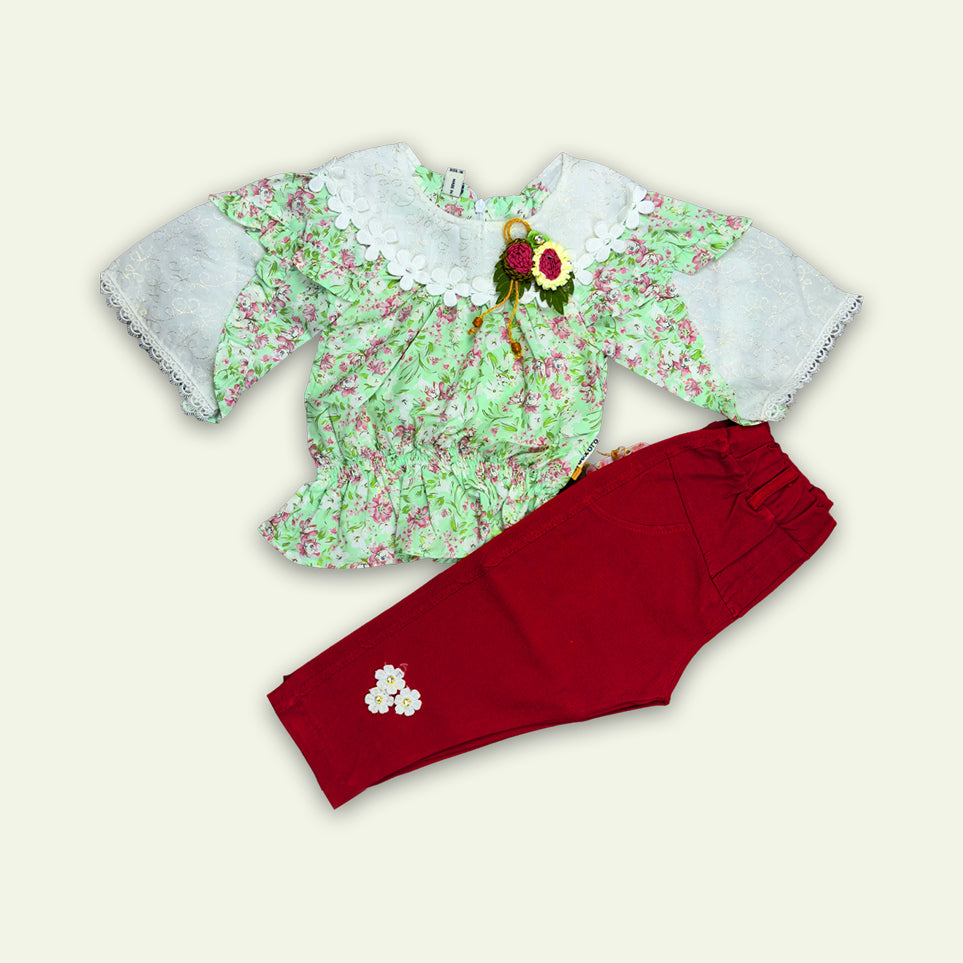 Girls Fancy Frock with Pants Flower Bunch Pink & Green