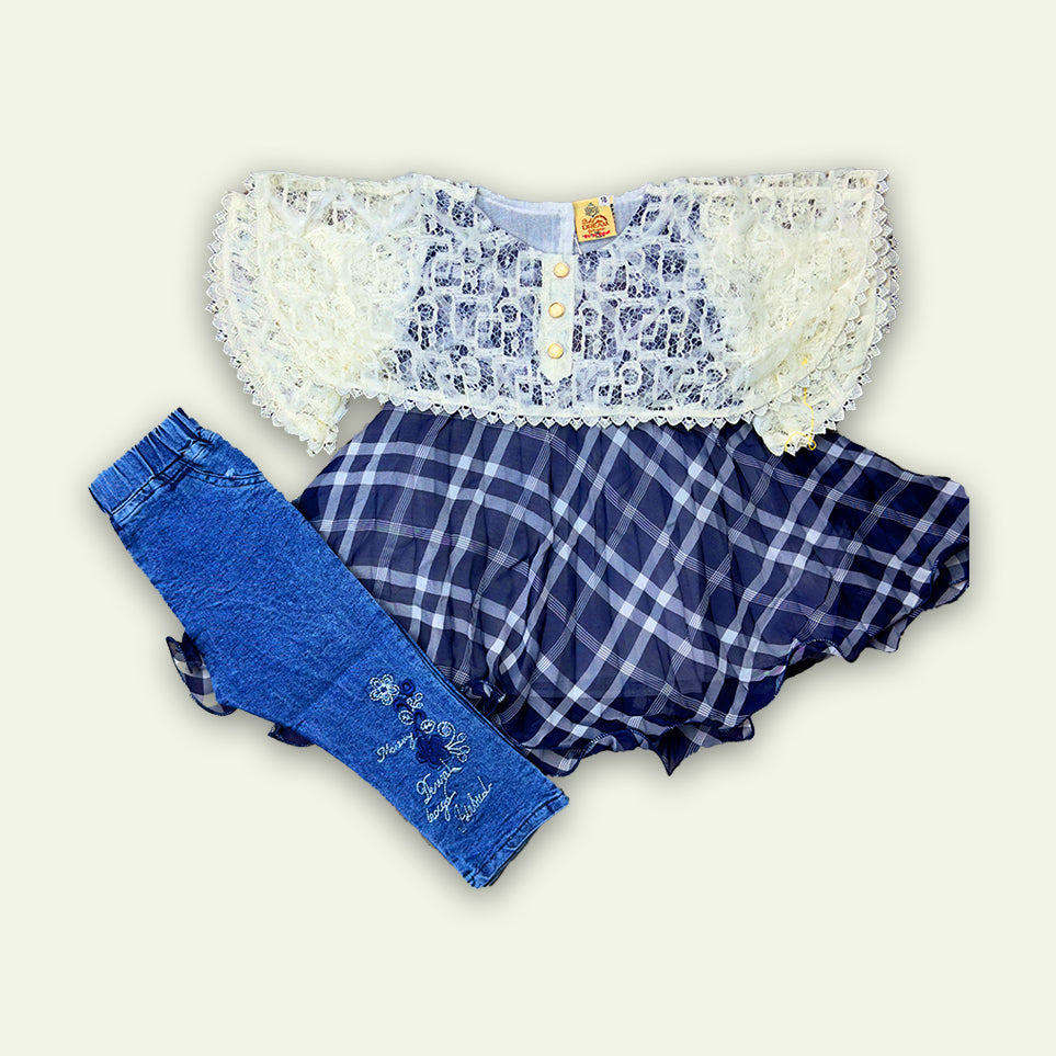 Girls White Fancy Frock with Jeans Pants
