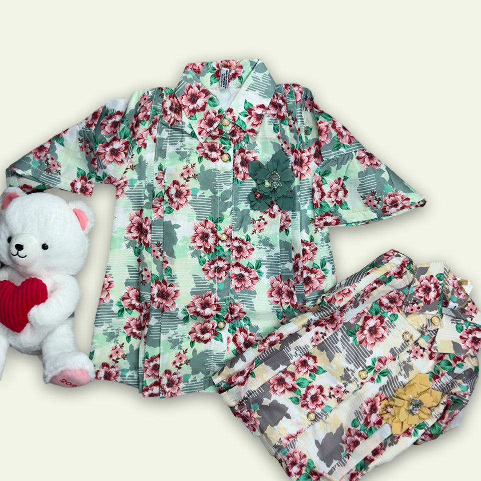Girls Printed Top Shirt with Embroided Pajama