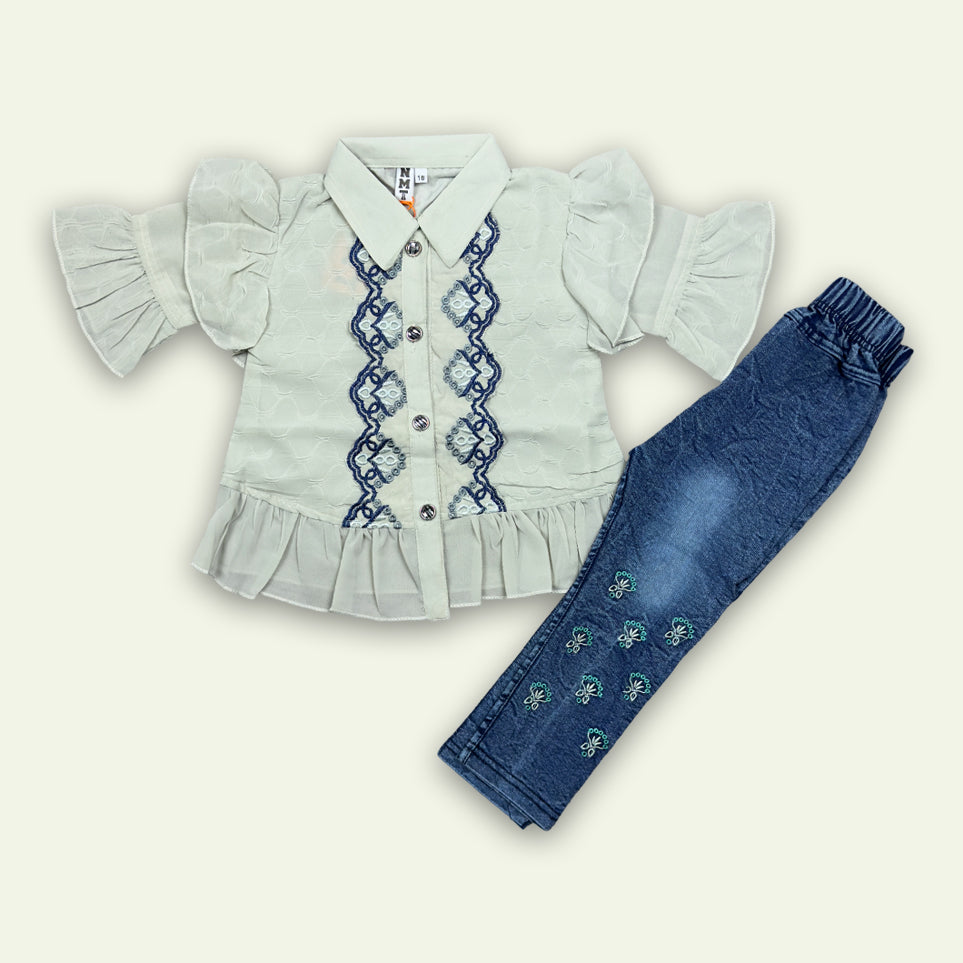 Girls Fancy Button Style Top with Denim Pants