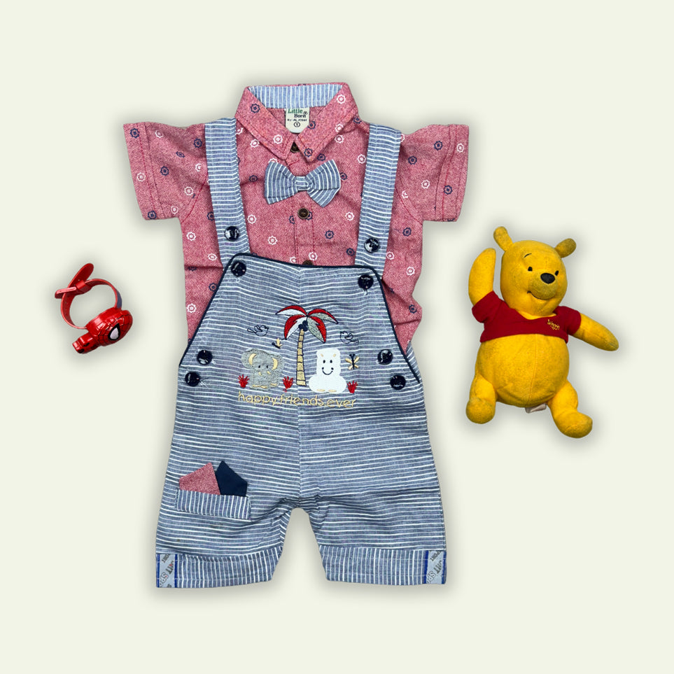 Boys Romper with Printed Shirt & Bow Tie