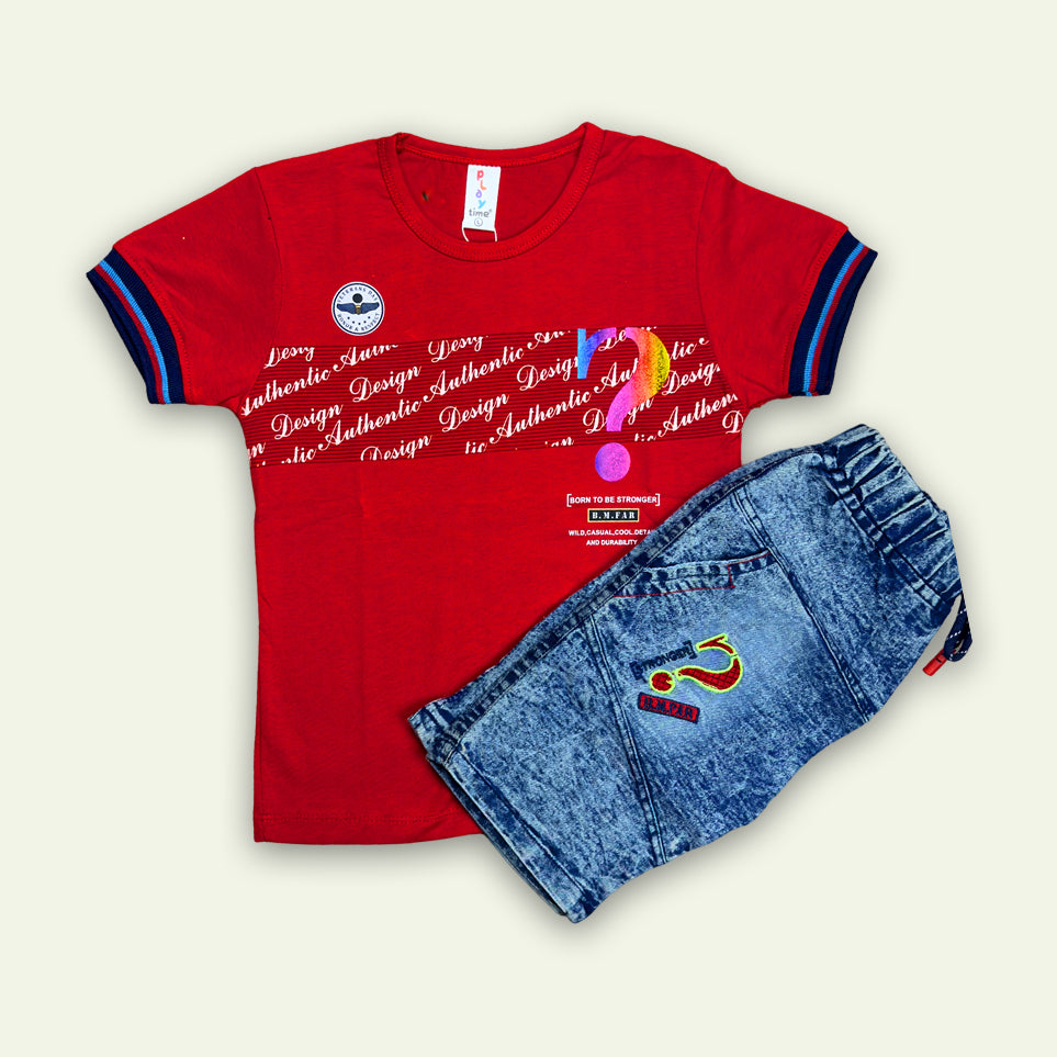 Boys Printed T-Shirt with Denim Embroided Short