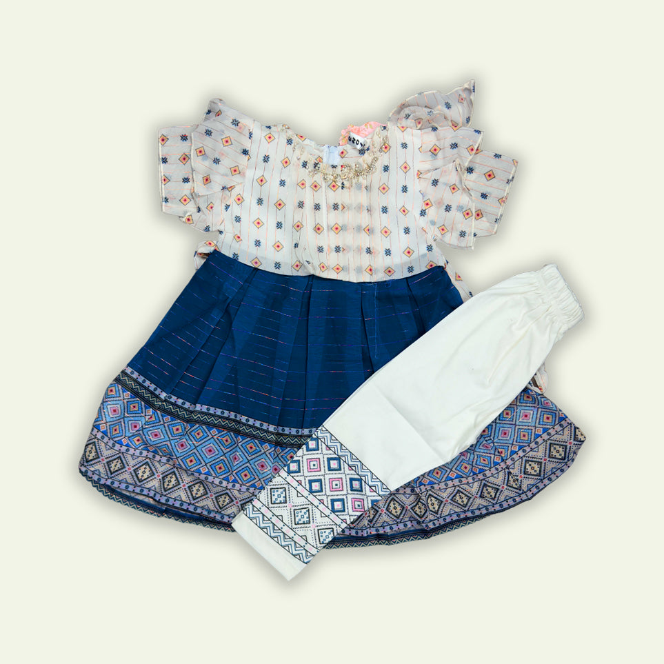 Girls Ajrak Style Frock with Pajama Red & Blue