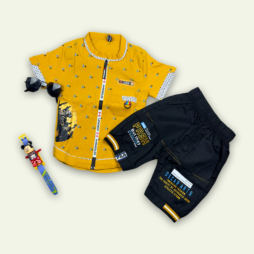 Boys Printed Zipper Shirt with Black Short
