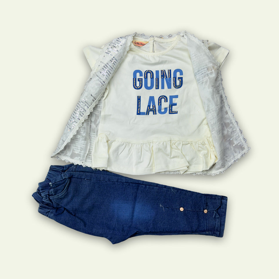 Girls Fancy 3pc Top with Chiffon Coat & Denim Jeans