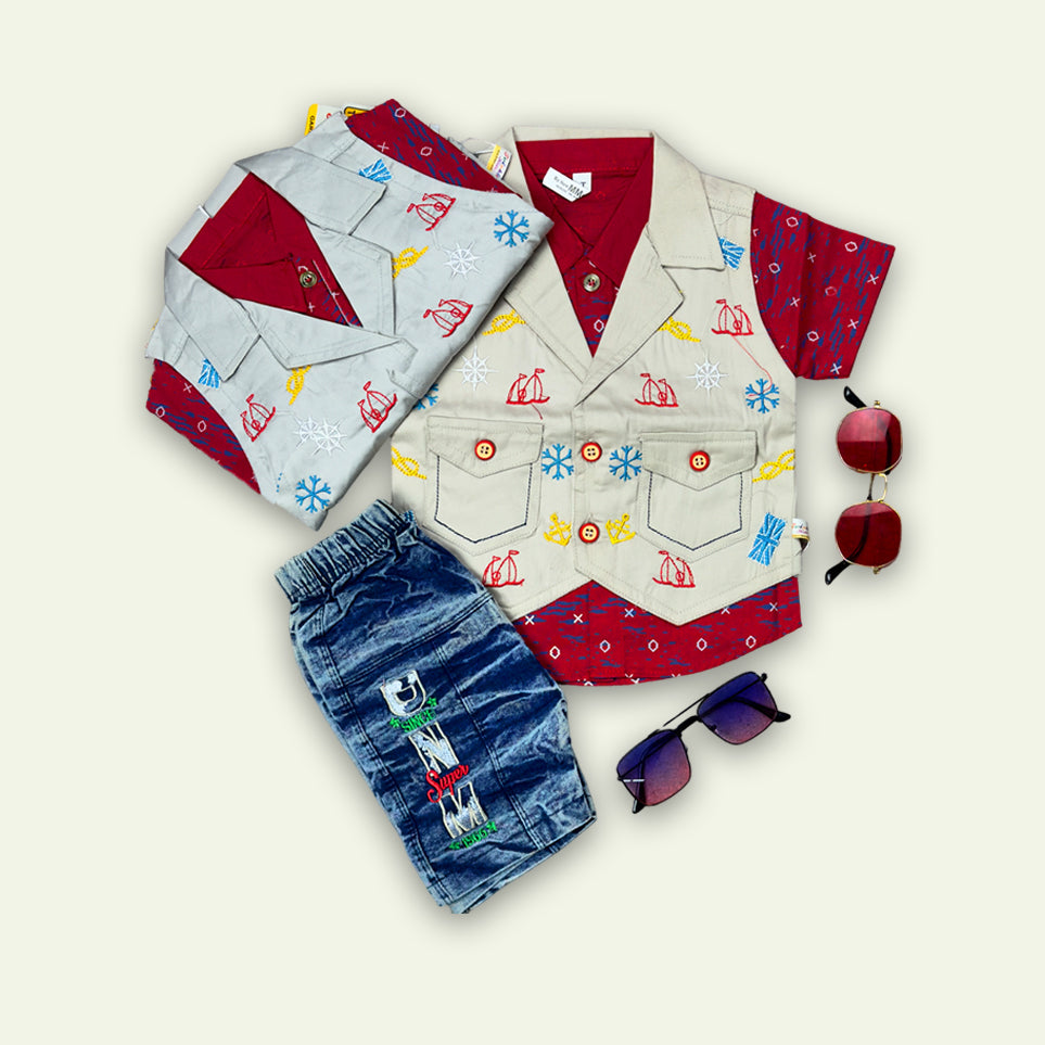 Boys Fancy 3pc Top coat style shirt with Denim Short