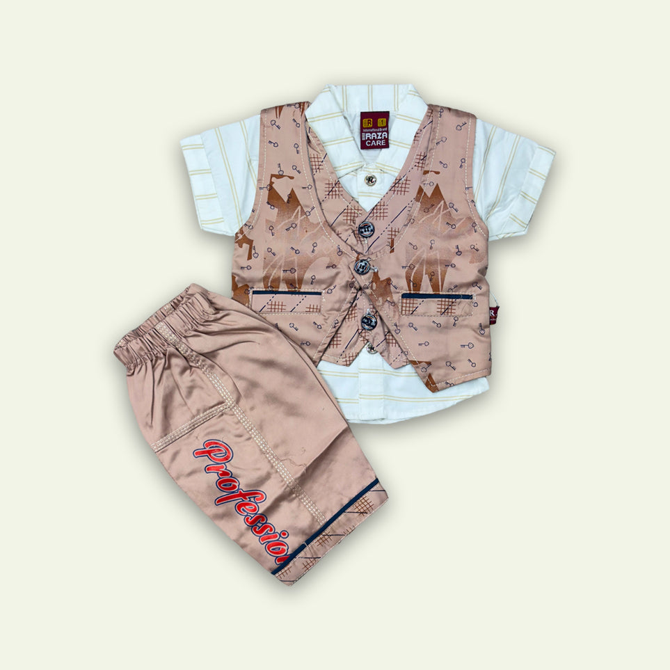 Boys Fancy 3pc Stripe Shirt with Printed Short