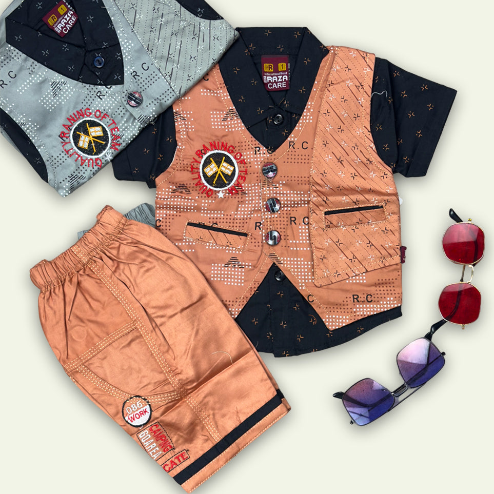 Boys Fancy 3pc Printed Shirt with Embroided Short