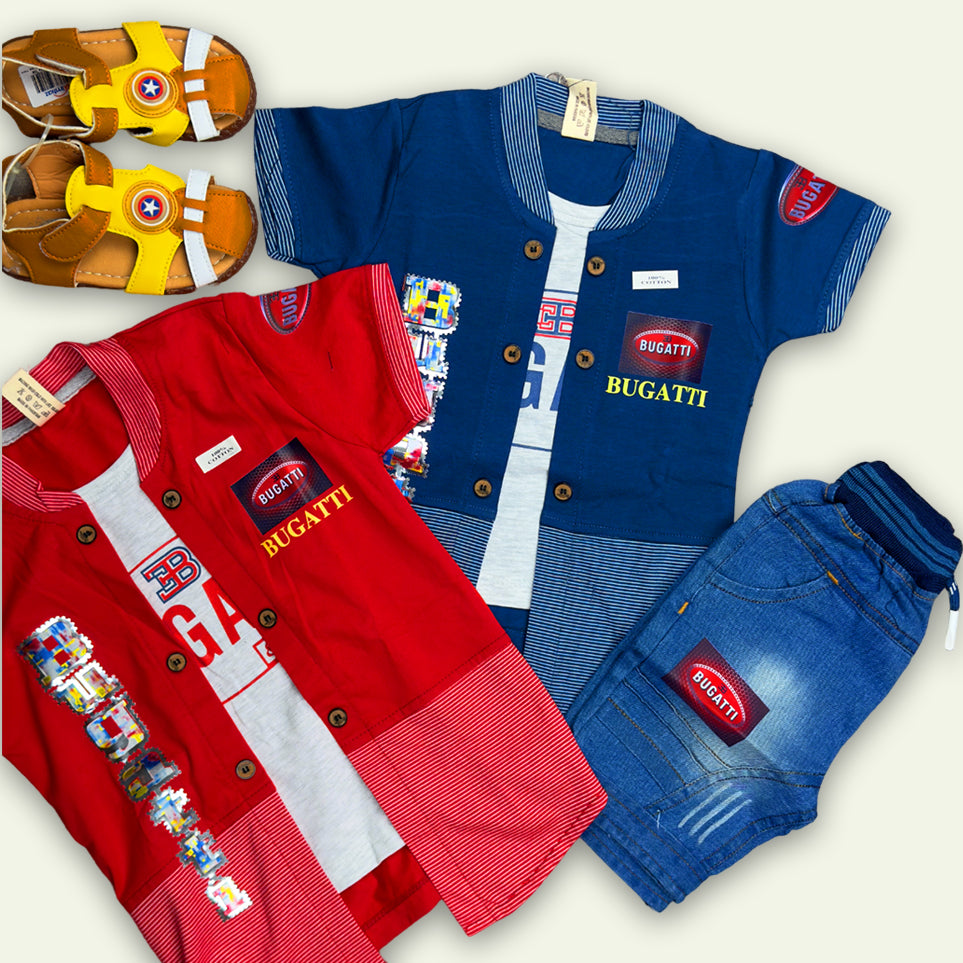 Boys Fancy Bugatti Shirt & T-Shirt Set with Denim Shorts Red & Blue.