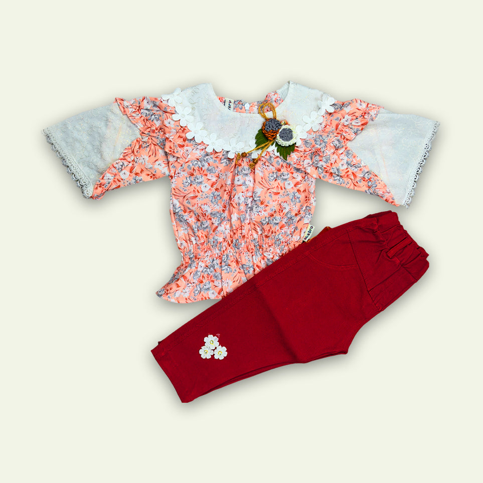 Girls Fancy Frock with Pants Flower Bunch Pink & Green