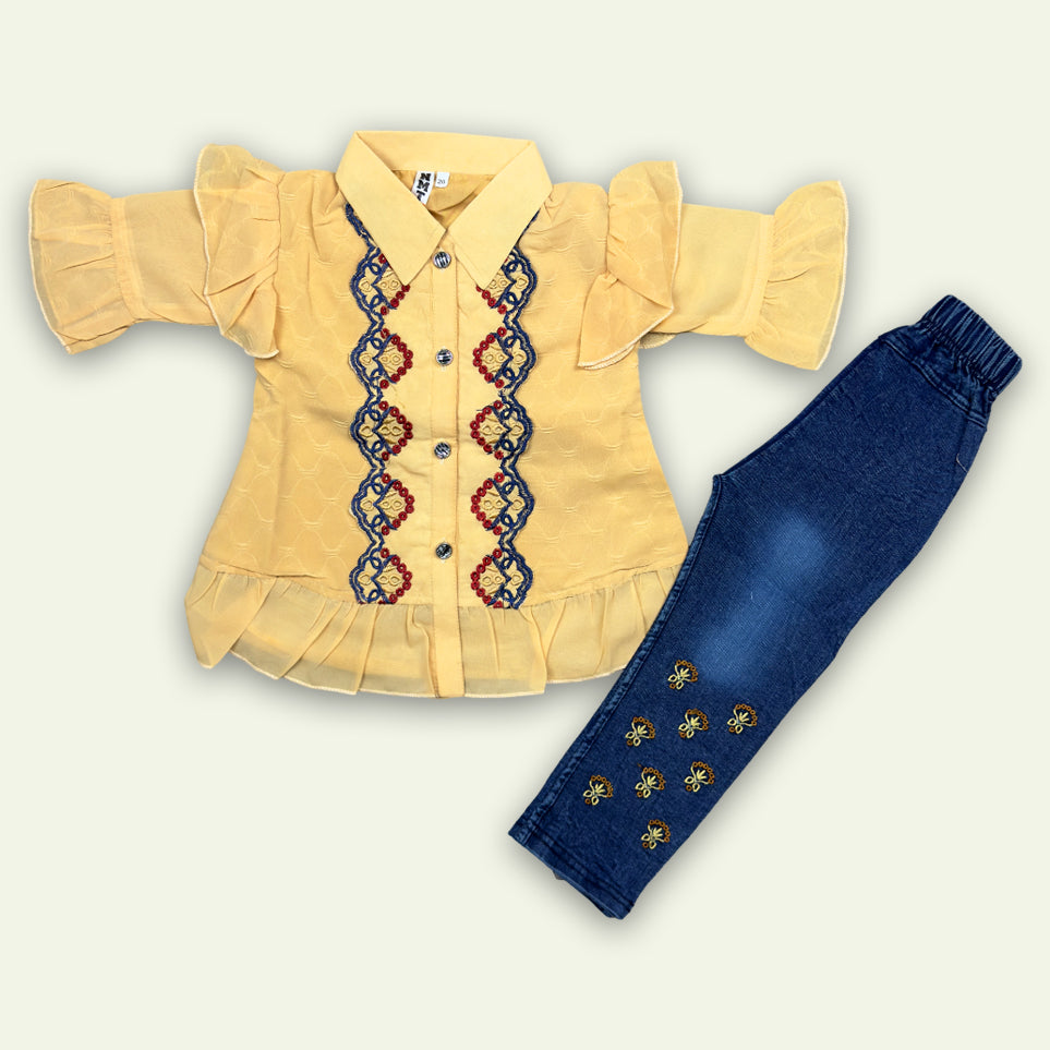 Girls Fancy Button Style Top with Denim Pants