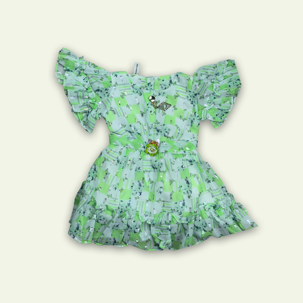 Girls Fancy Frock Flower Belt with Pajama Green & Pink