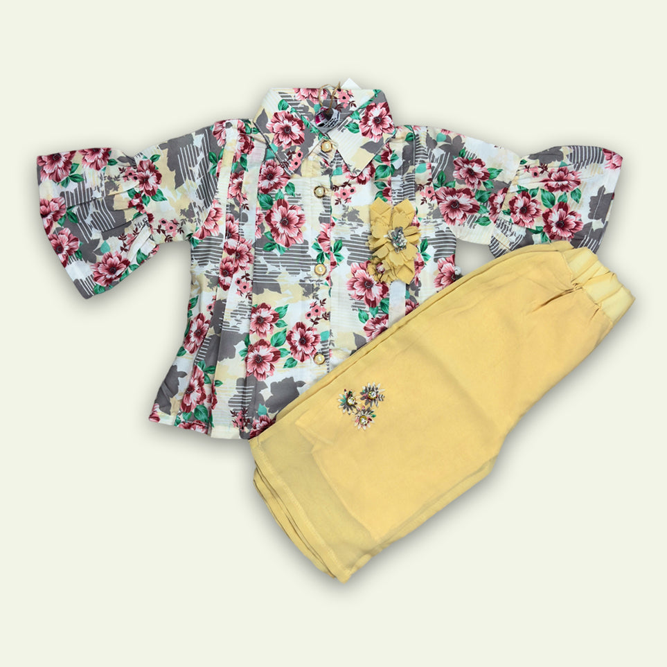 Girls Printed Top Shirt with Embroided Pajama