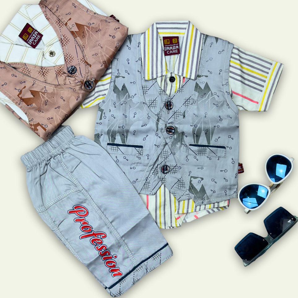 Boys Fancy 3pc Stripe Shirt with Printed Short