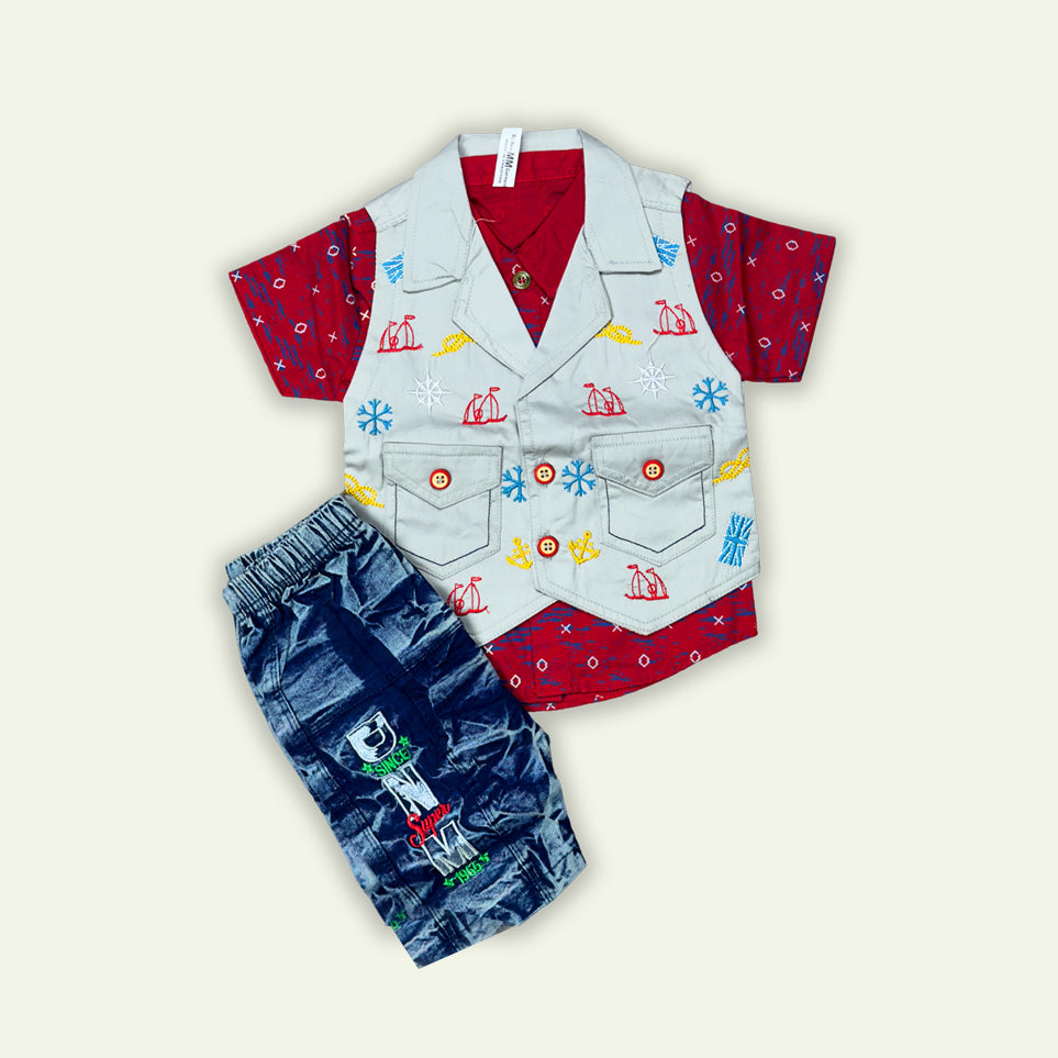 Boys Fancy 3pc Top coat style shirt with Denim Short