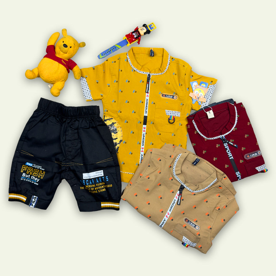 Boys Printed Zipper Shirt with Black Short