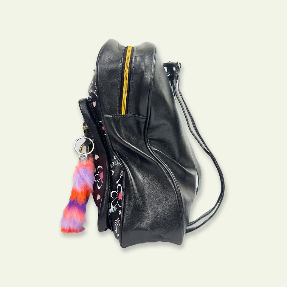 Stylish Black Bag with Multicolor Fluffy Keychain