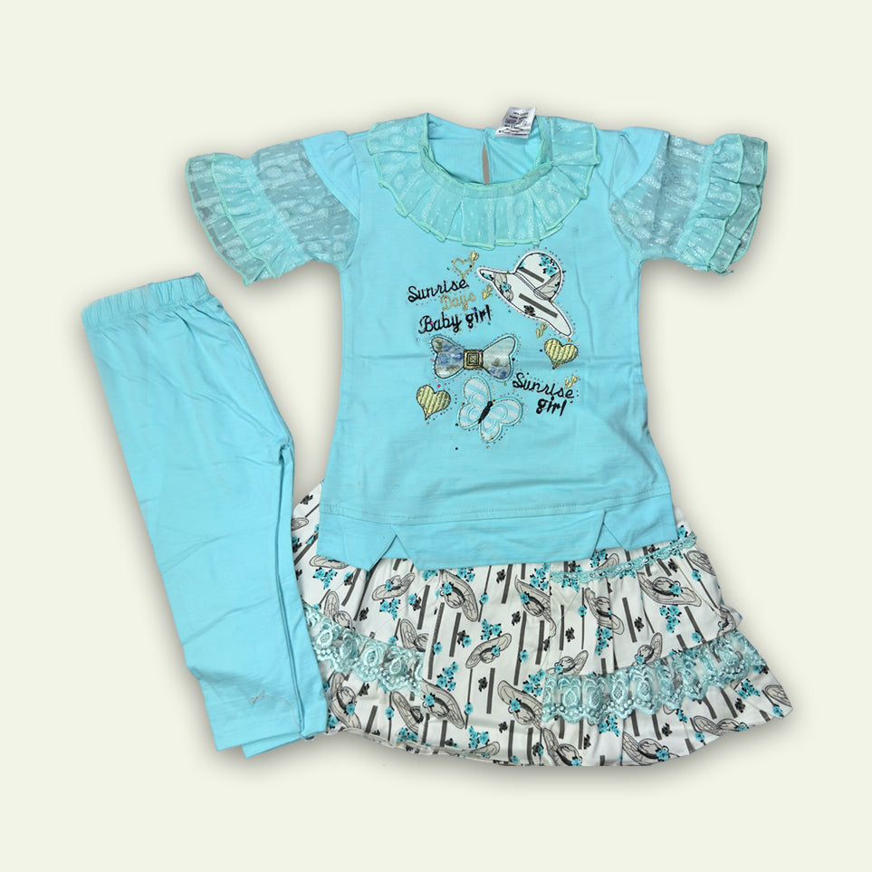 Girls 3pc Embroided Top with Printed Skirt and Pajama