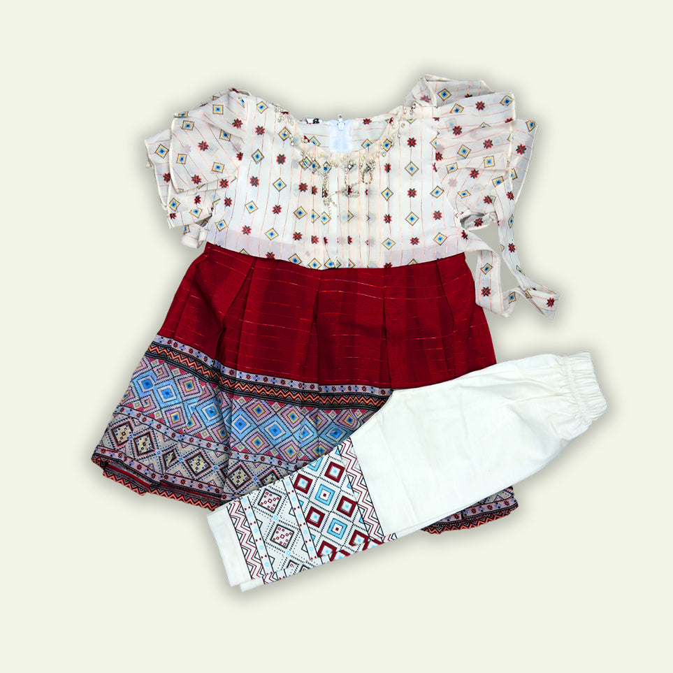 Girls Ajrak Style Frock with Pajama Red & Blue