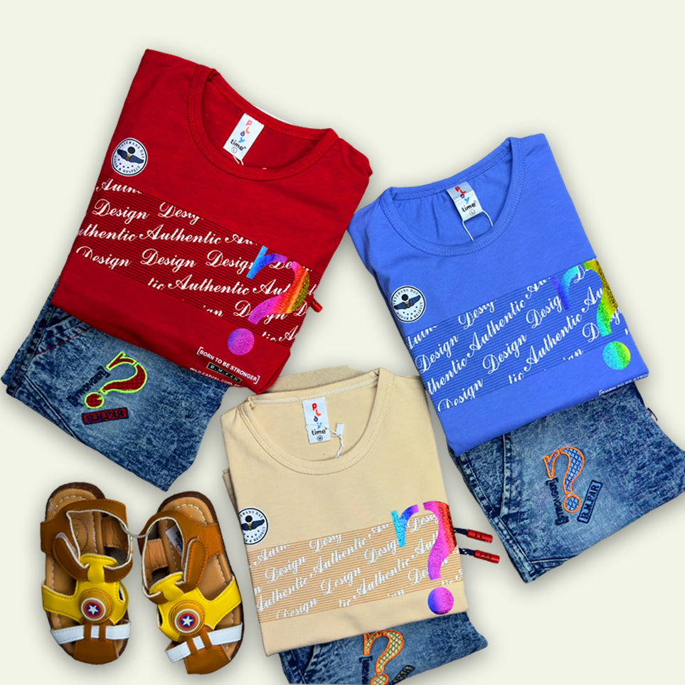Boys Printed T-Shirt with Denim Embroided Short