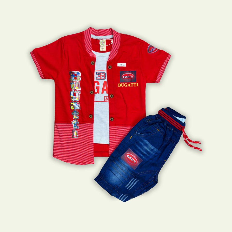 Boys Fancy Bugatti Shirt & T-Shirt Set with Denim Shorts Red & Blue.