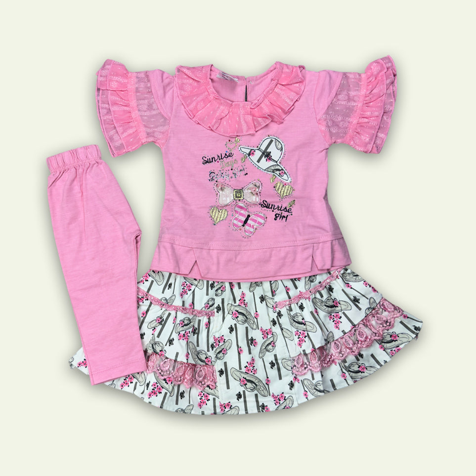 Girls 3pc Embroided Top with Printed Skirt and Pajama