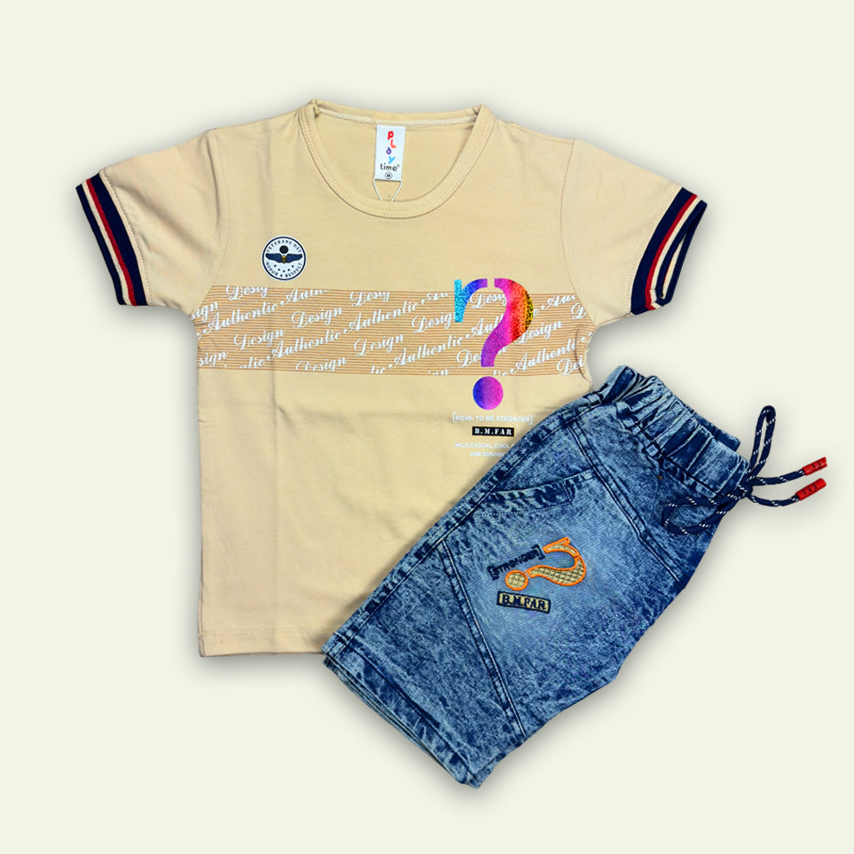 Boys Printed T-Shirt with Denim Embroided Short