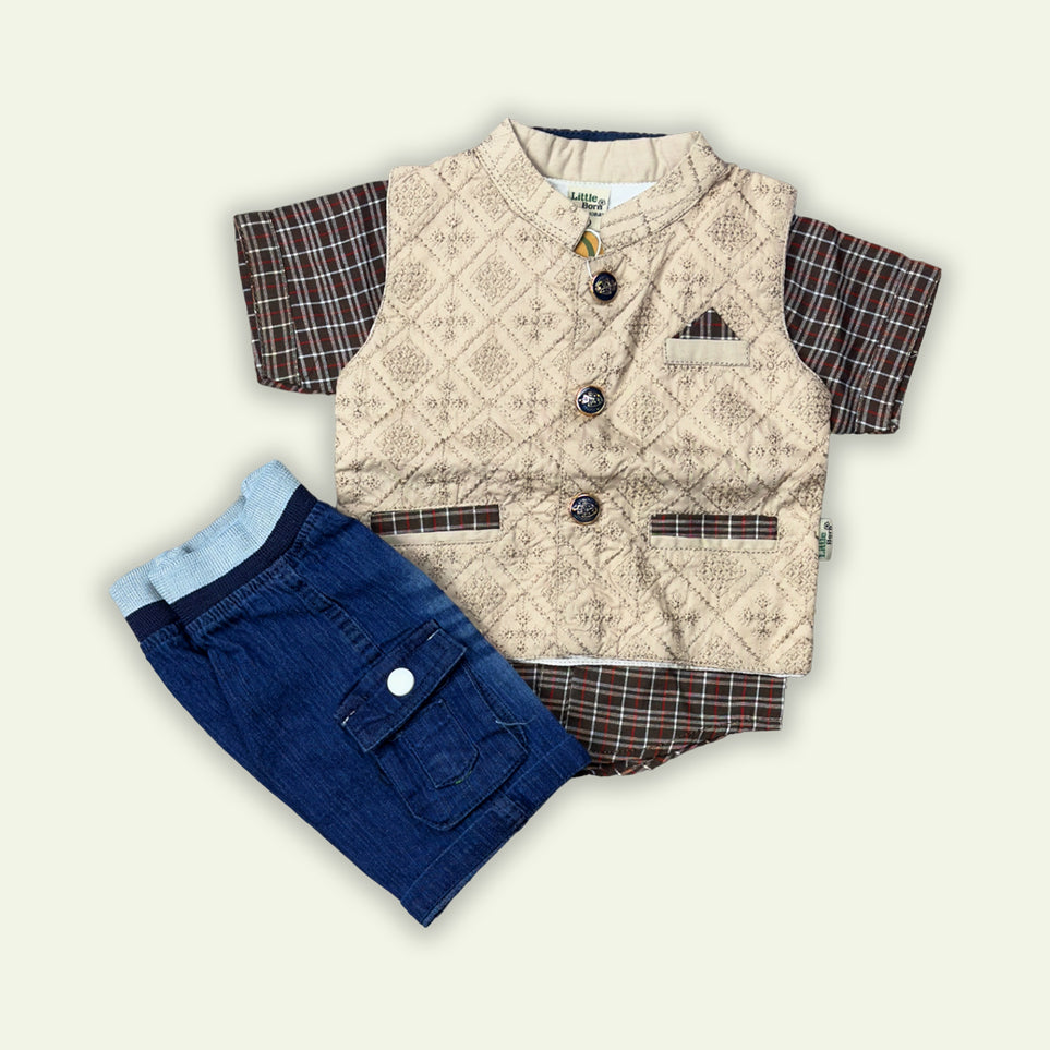 Boys 3pc Check Shirt & Coat with Denim Short