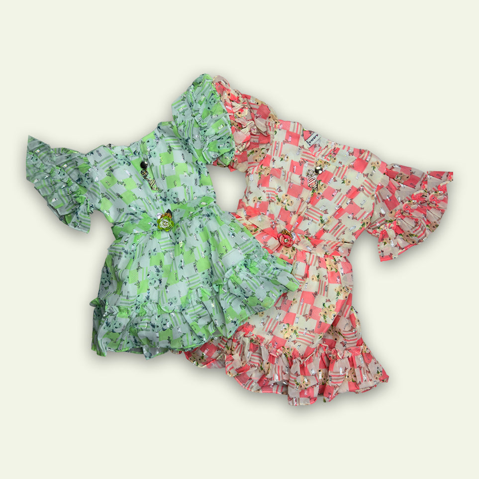 Girls Fancy Frock Flower Belt with Pajama Green & Pink