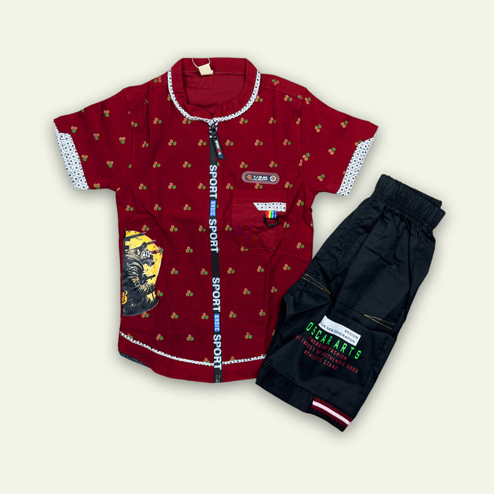 Boys Printed Zipper Shirt with Black Short