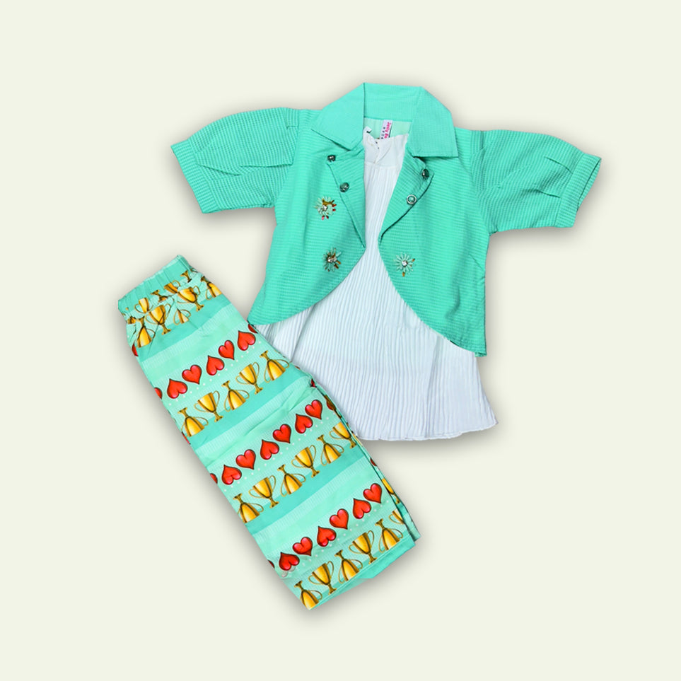 Girls 3pc Coat Style Fancy Top with Printed Pajama