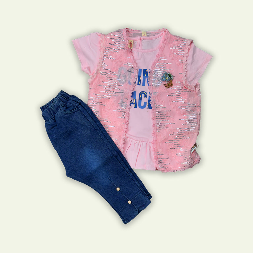 Girls Fancy 3pc Top with Chiffon Coat & Denim Jeans