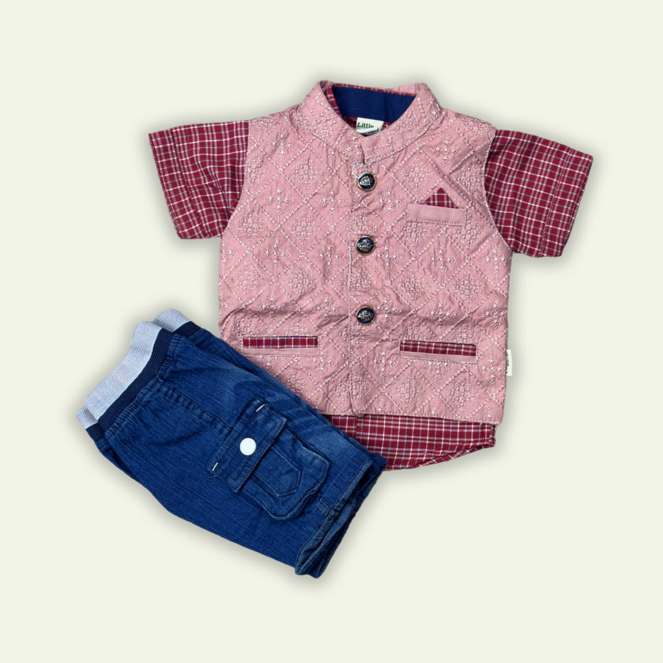 Boys 3pc Check Shirt & Coat with Denim Short