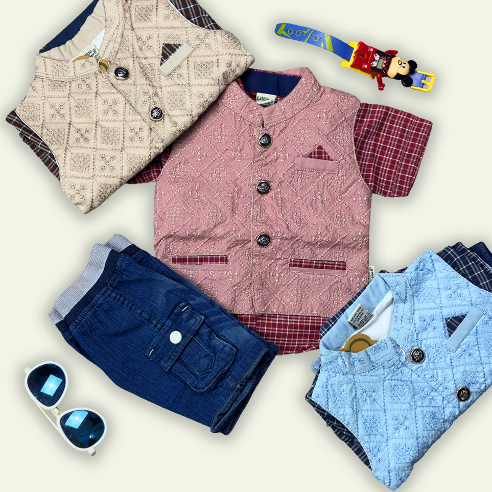 Boys 3pc Check Shirt & Coat with Denim Short