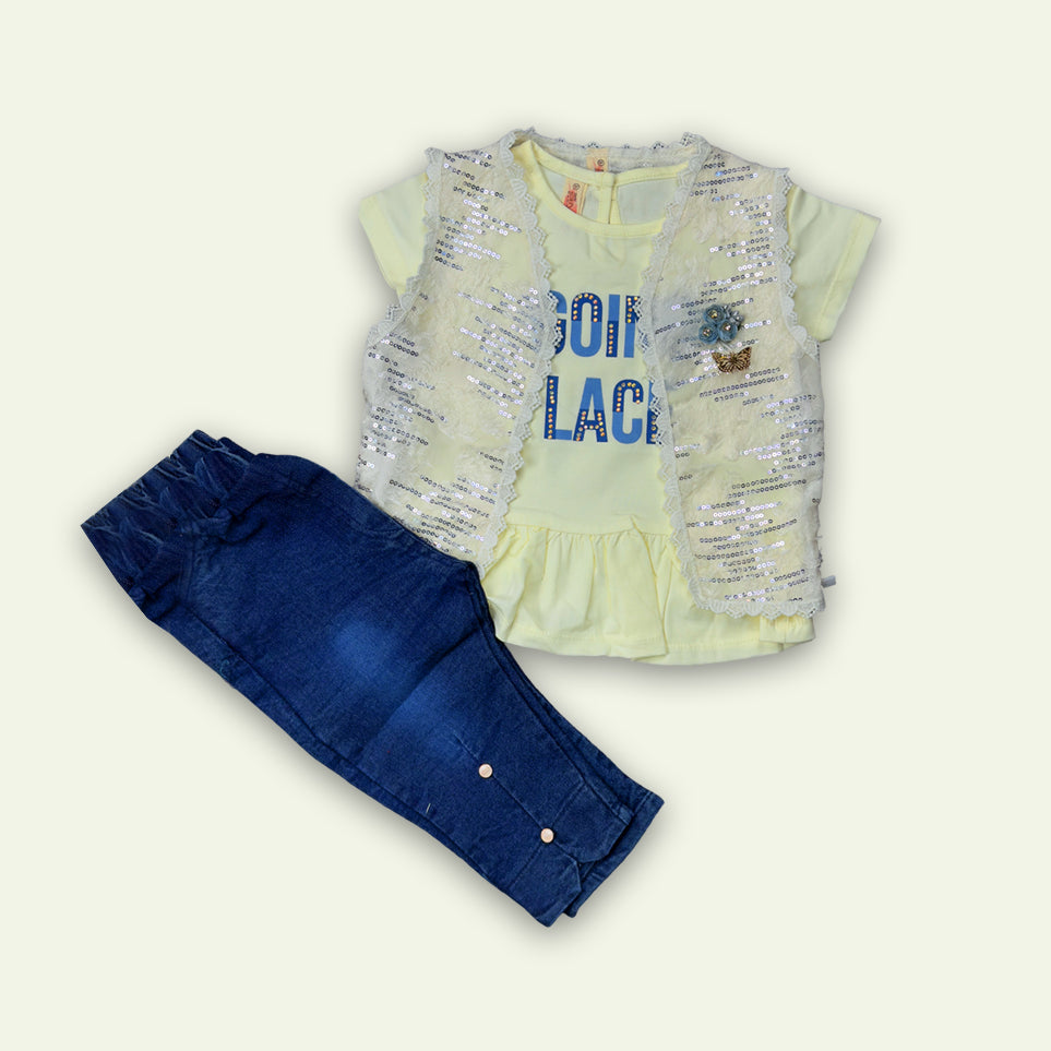 Girls Fancy 3pc Top with Chiffon Coat & Denim Jeans