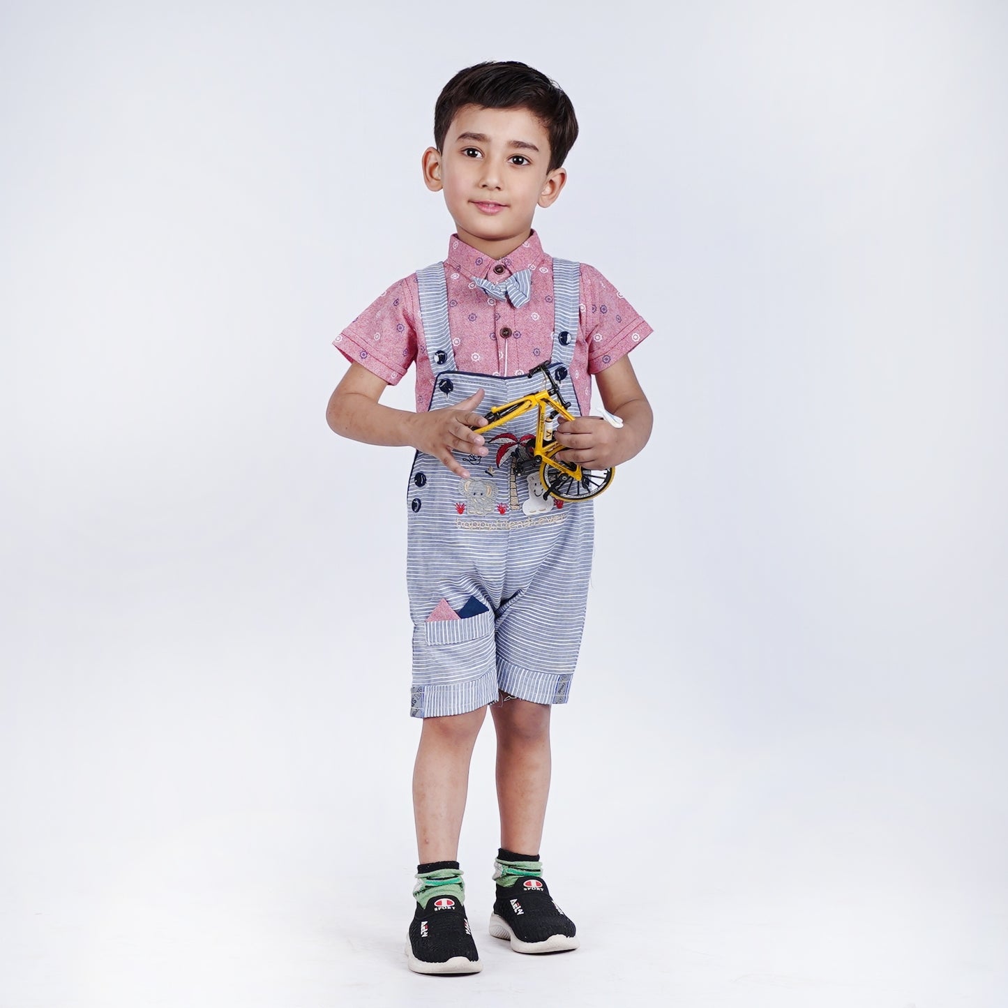 Boys Romper with Printed Shirt & Bow Tie