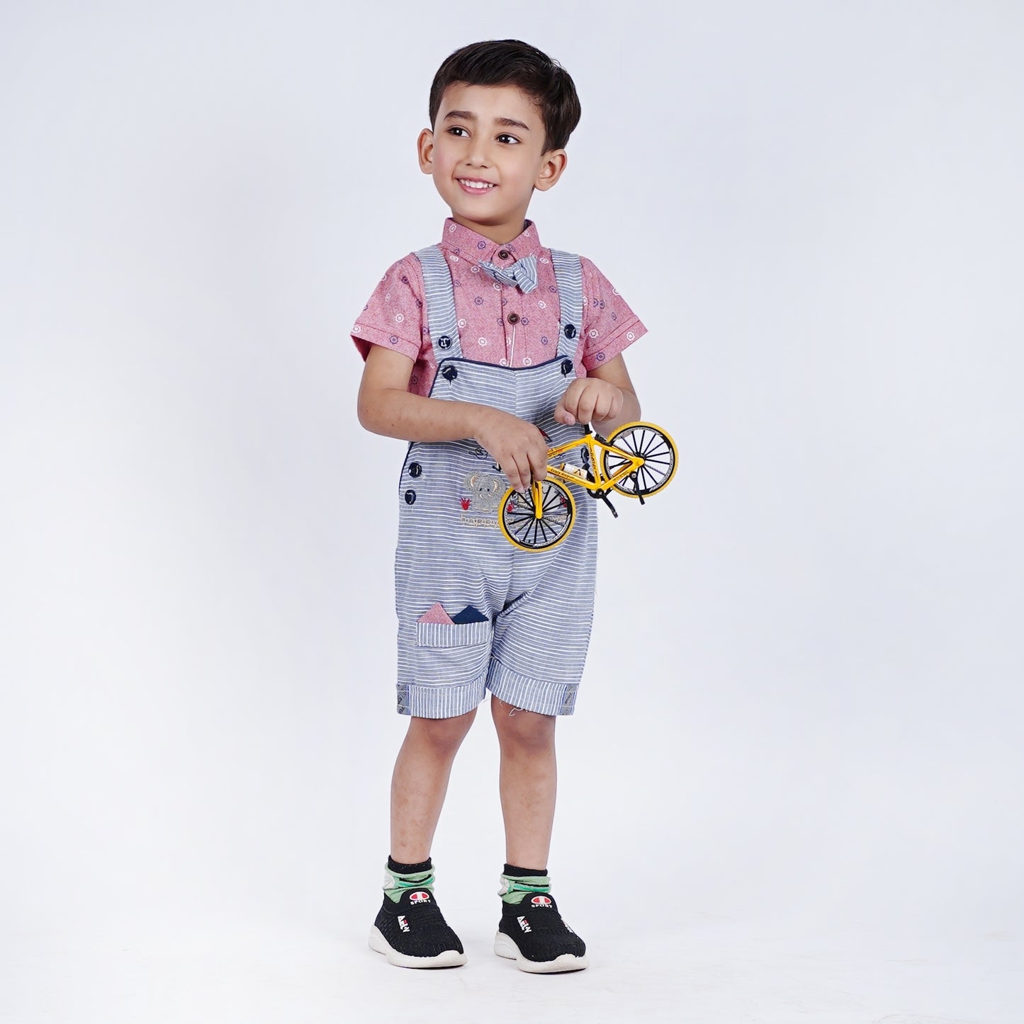 Boys Romper with Printed Shirt & Bow Tie