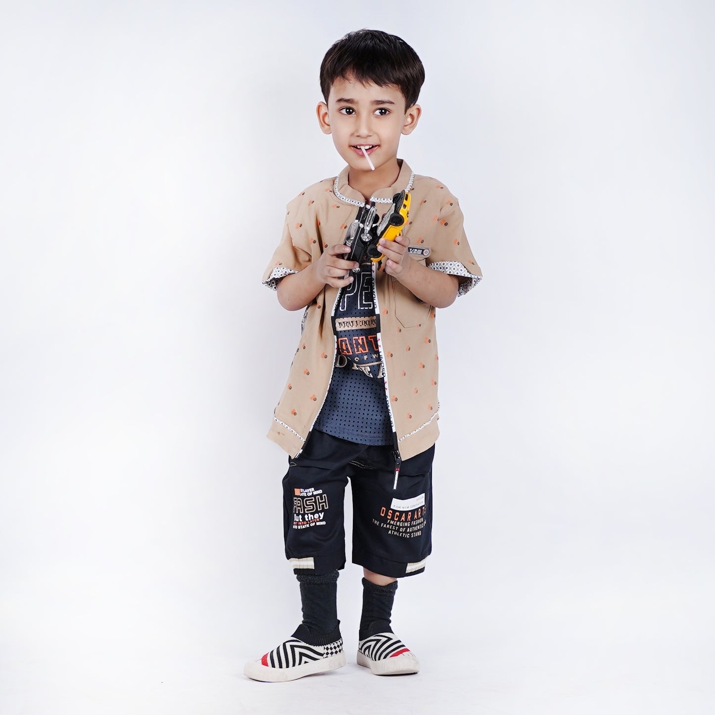 Boys Printed Zipper Shirt with Black Short