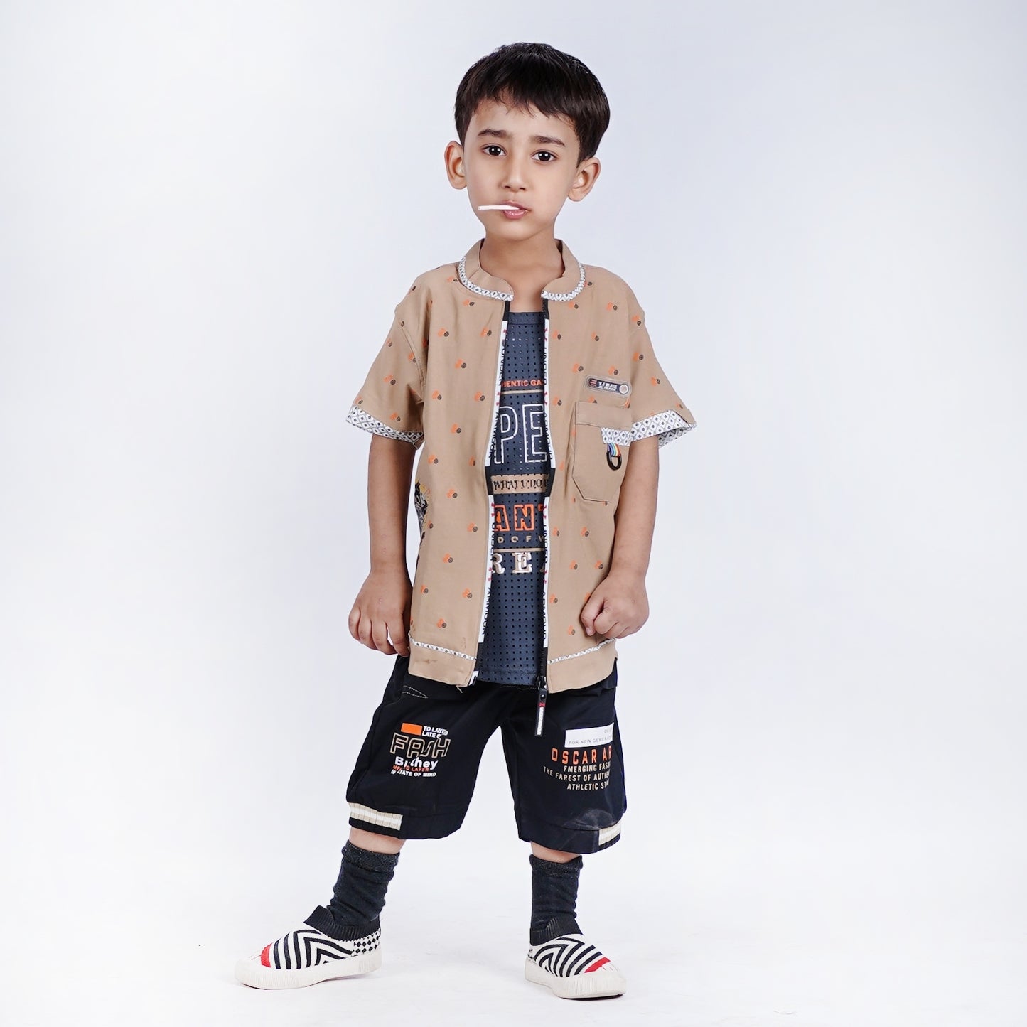 Boys Printed Zipper Shirt with Black Short