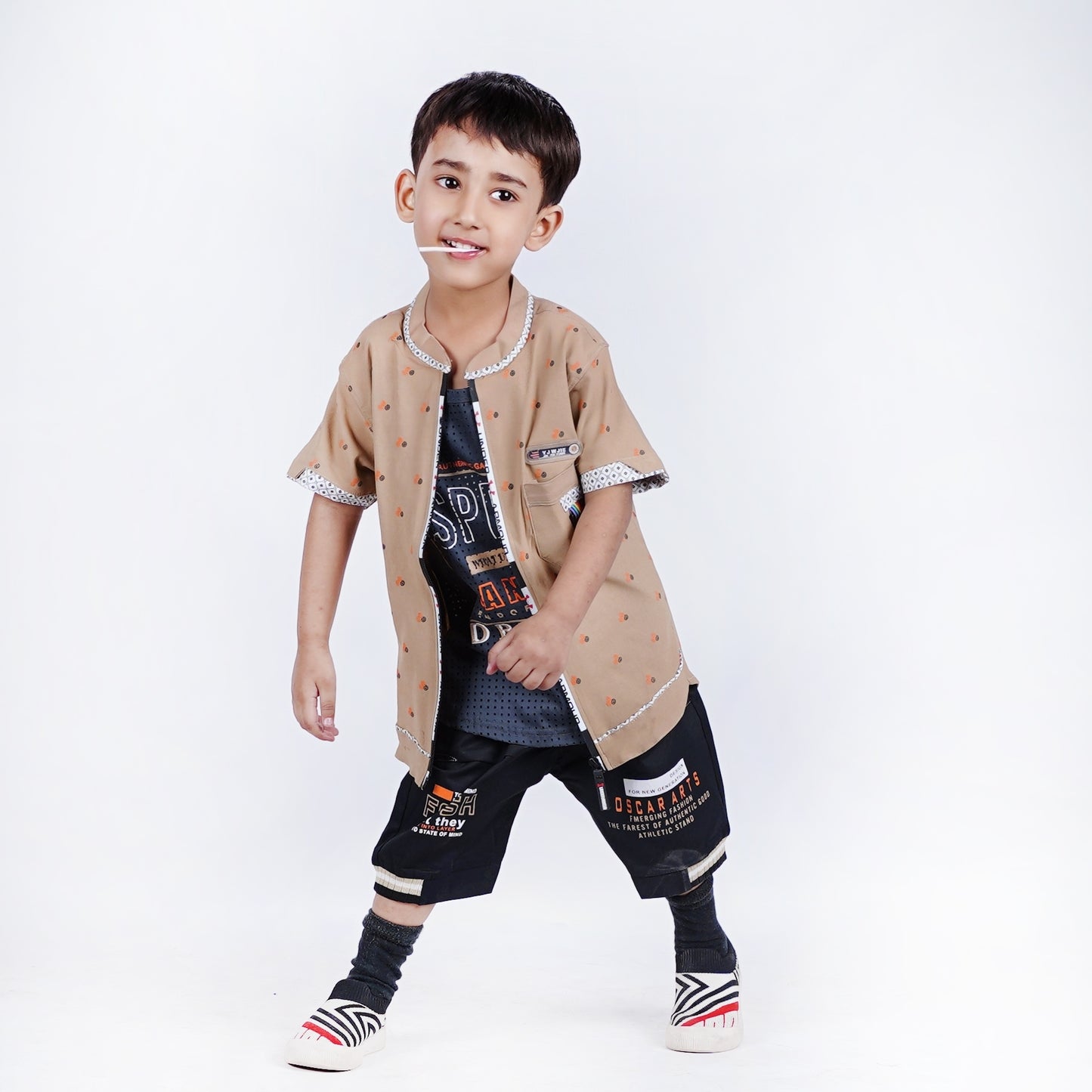 Boys Printed Zipper Shirt with Black Short