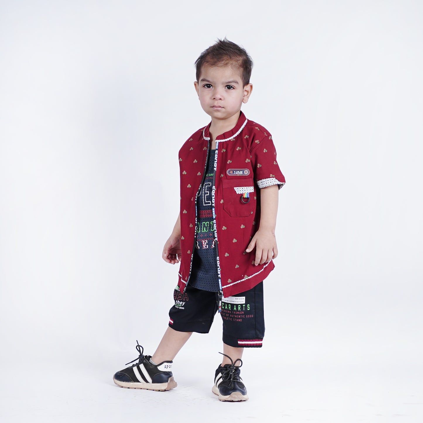 Boys Printed Zipper Shirt with Black Short