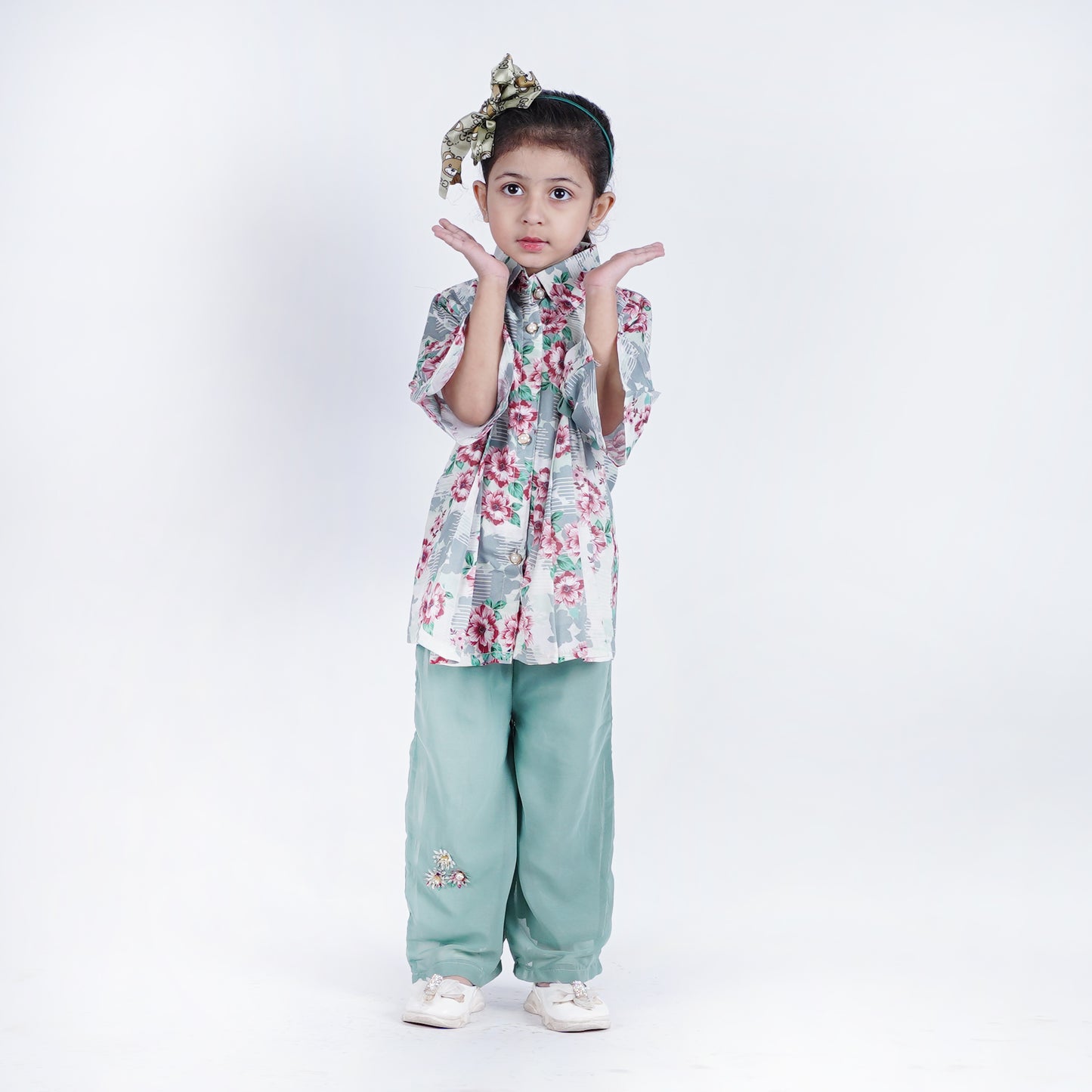 Girls Printed Top Shirt with Embroided Pajama