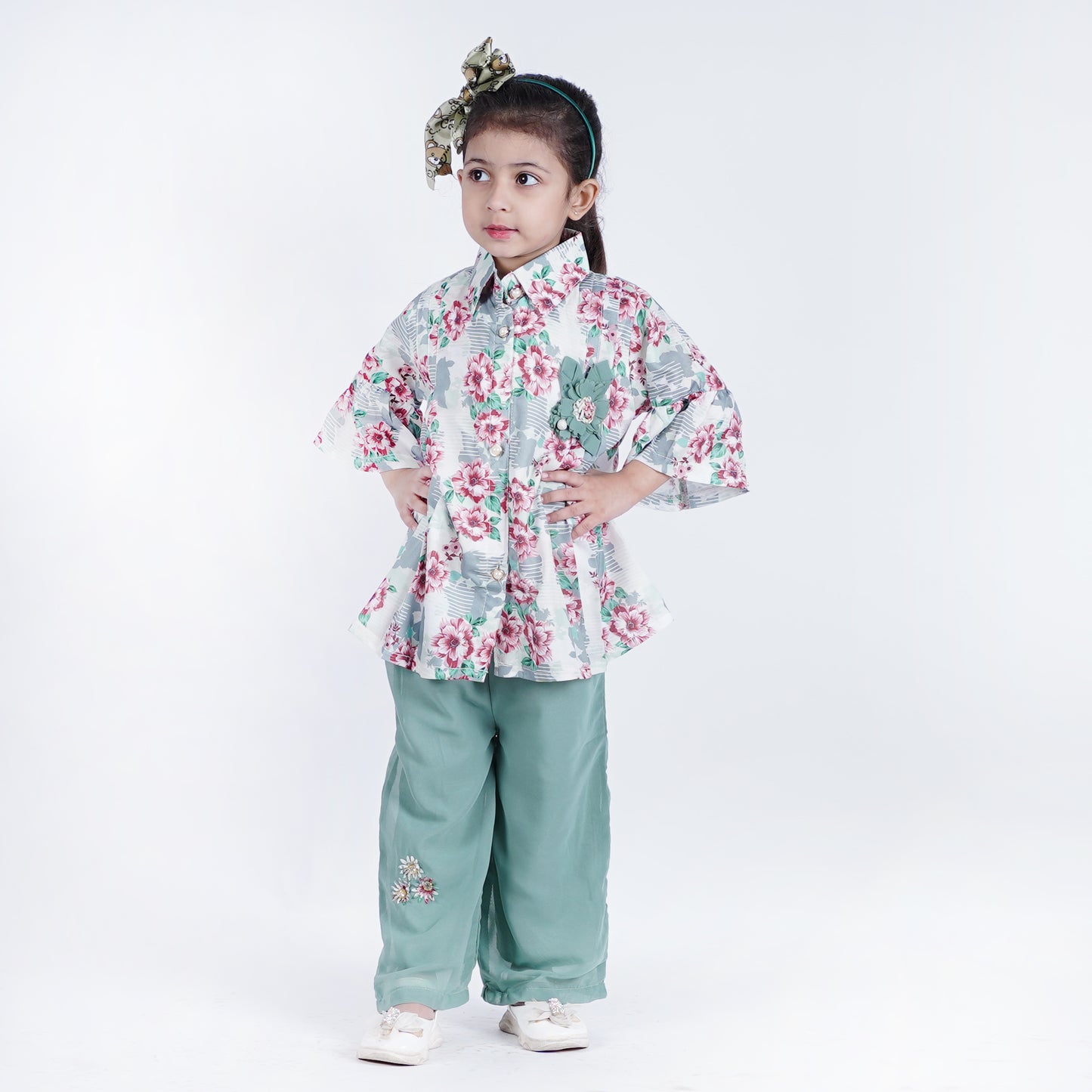 Girls Printed Top Shirt with Embroided Pajama