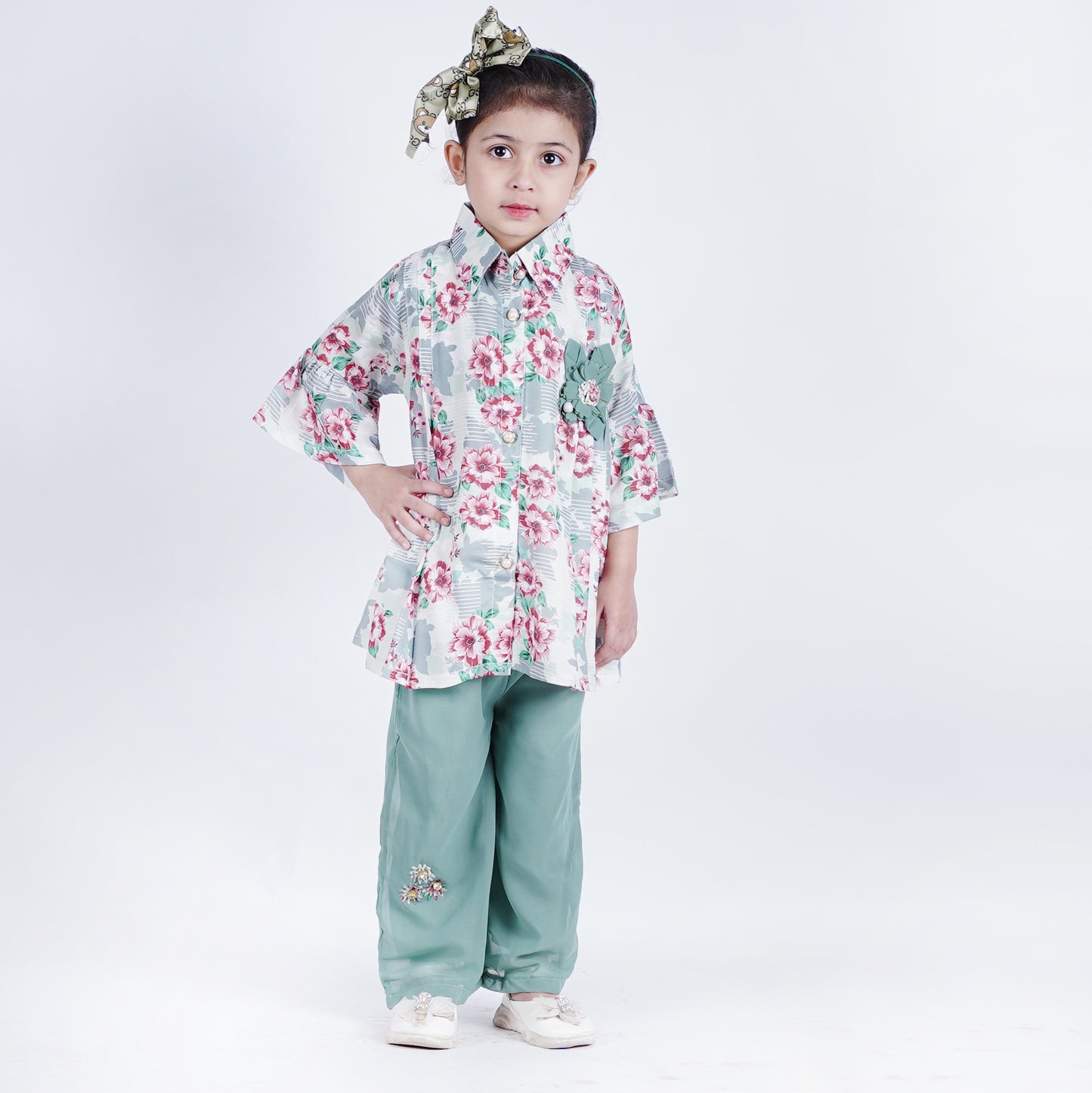 Girls Printed Top Shirt with Embroided Pajama