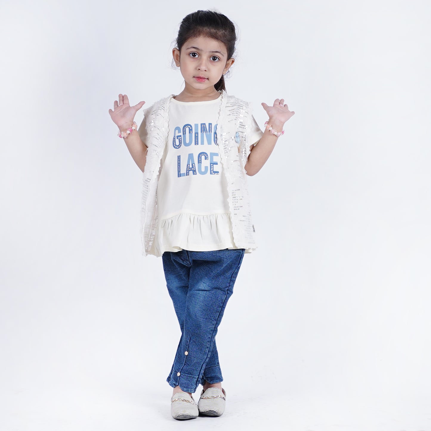 Girls Fancy 3pc Top with Chiffon Coat & Denim Jeans